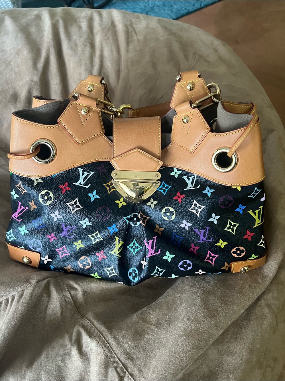 Louis Vuitton Ursela- Black Multicolor Monogram Shoulder Bag with Tan Trim